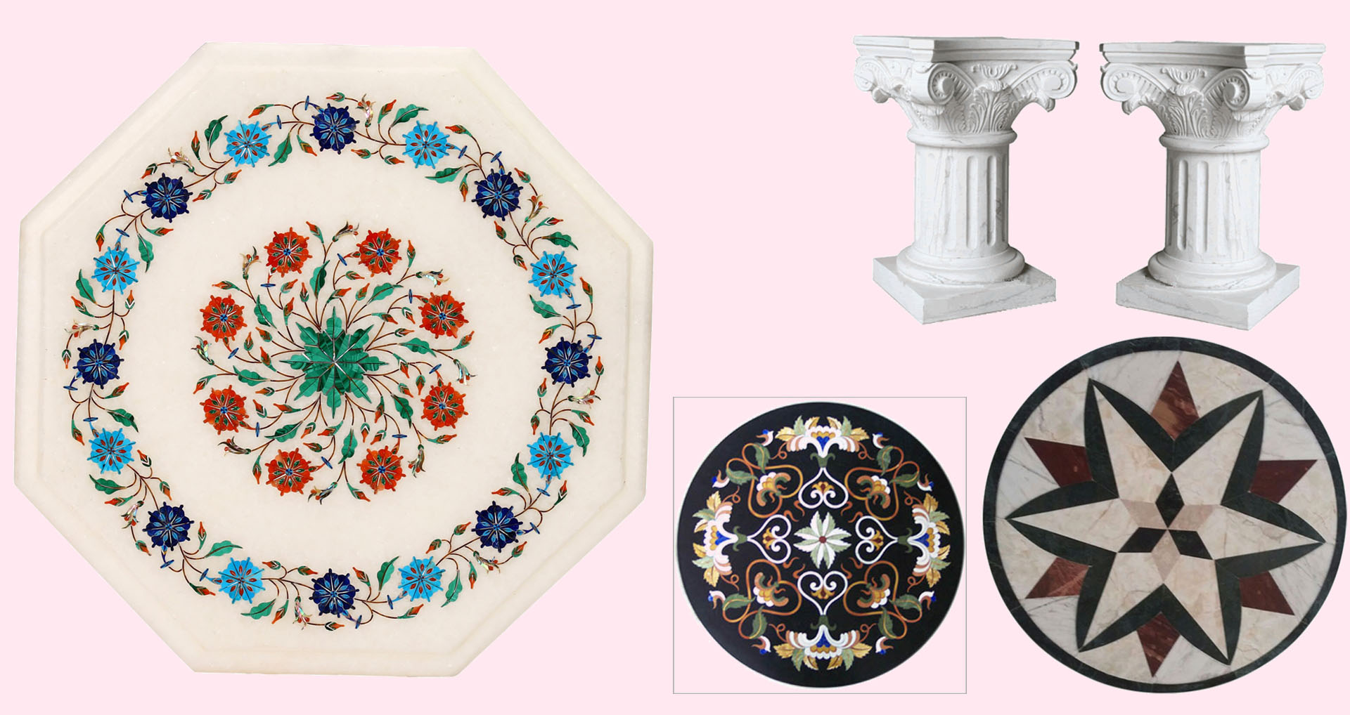 Marble Pillar, Fountains, Temples, Murti, Statue, Lotus Bowls, Tulsi Quora, Rangoli, Jali